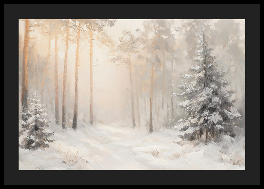En poster som visar en snötäckt skog badande i mjukt morgonljus-12