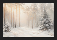 En poster som visar en snötäckt skog badande i mjukt morgonljus-5