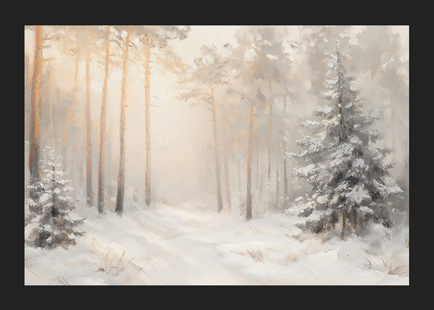 En poster som visar en snötäckt skog badande i mjukt morgonljus-12