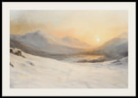 En plakat som viser et snødekt fjellandskap i solnedgangens varme, gylne lys-2