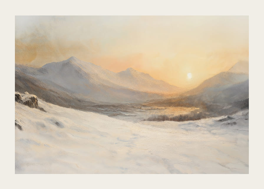 En plakat som viser et snødekt fjellandskap i solnedgangens varme, gylne lys-12