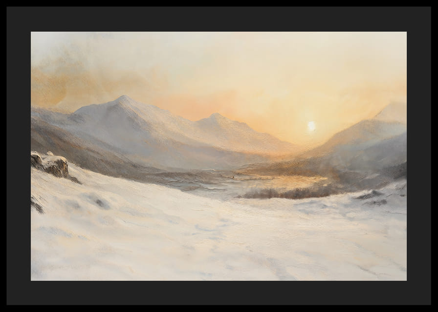 En plakat som viser et snødekt fjellandskap i solnedgangens varme, gylne lys-12