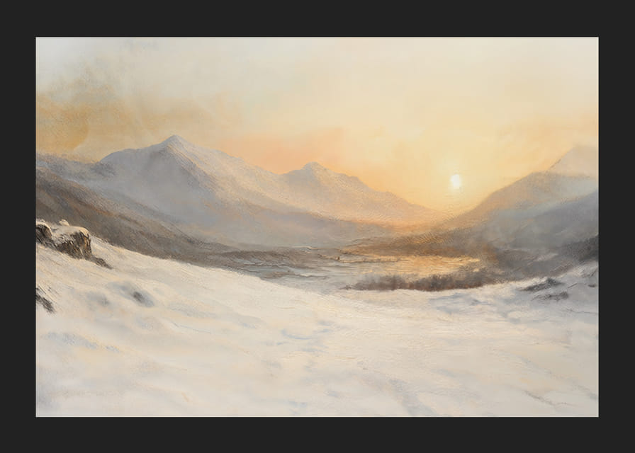 En plakat som viser et snødekt fjellandskap i solnedgangens varme, gylne lys-12