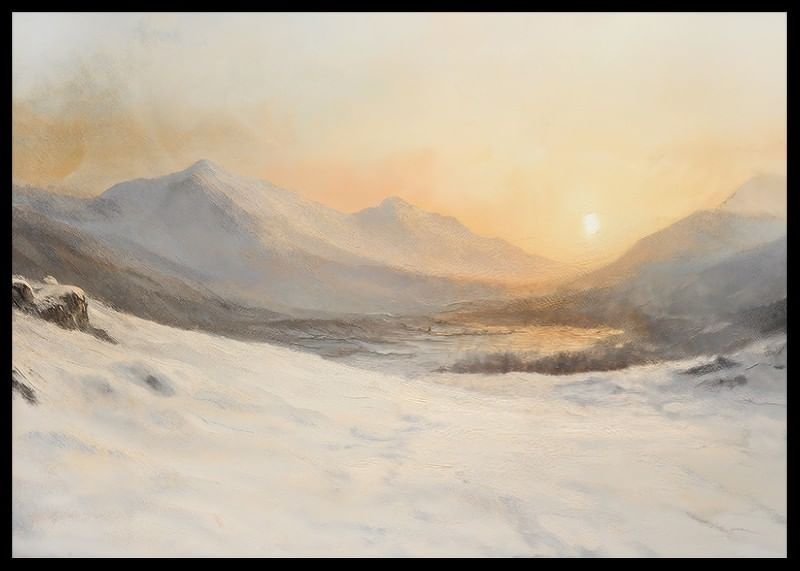 A poster depicting a snow-covered mountain landscape in the warm, golden light of sunset-12