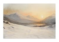 A poster depicting a snow-covered mountain landscape in the warm, golden light of sunset-1