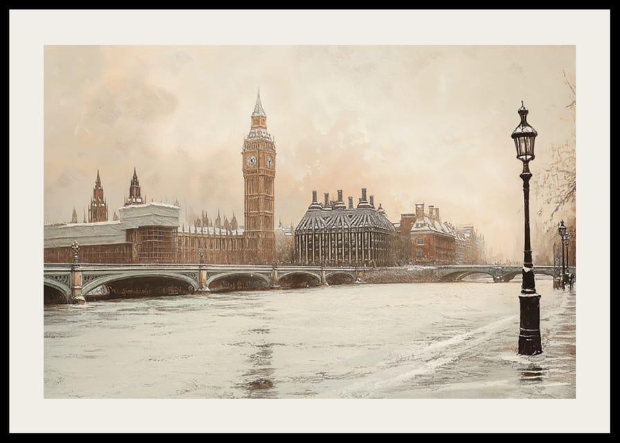 A poster depicting Big Ben and Westminster in a still winter landscape by the River Thames-12
