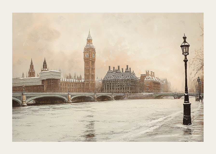 A poster depicting Big Ben and Westminster in a still winter landscape by the River Thames-12