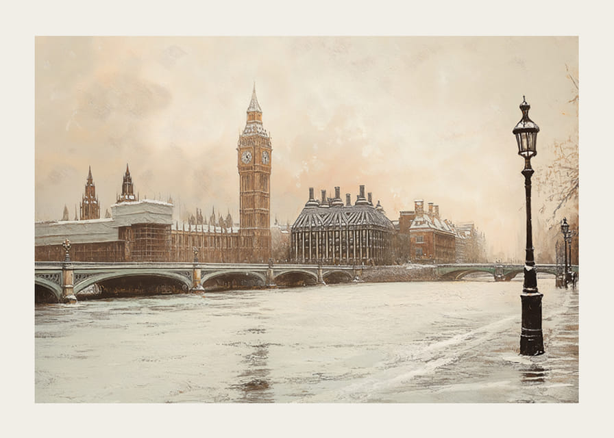 A poster depicting Big Ben and Westminster in a still winter landscape by the River Thames-12