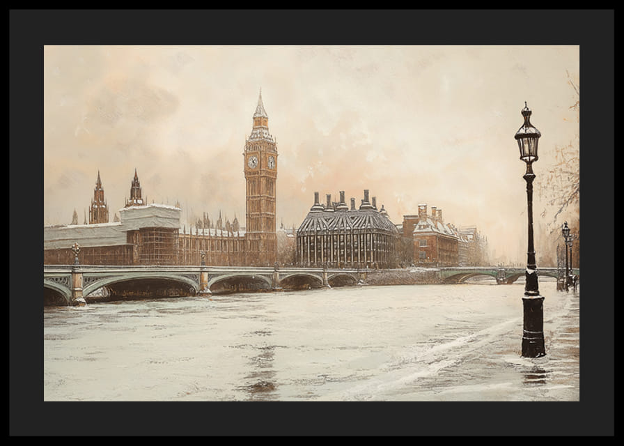 A poster depicting Big Ben and Westminster in a still winter landscape by the River Thames-12