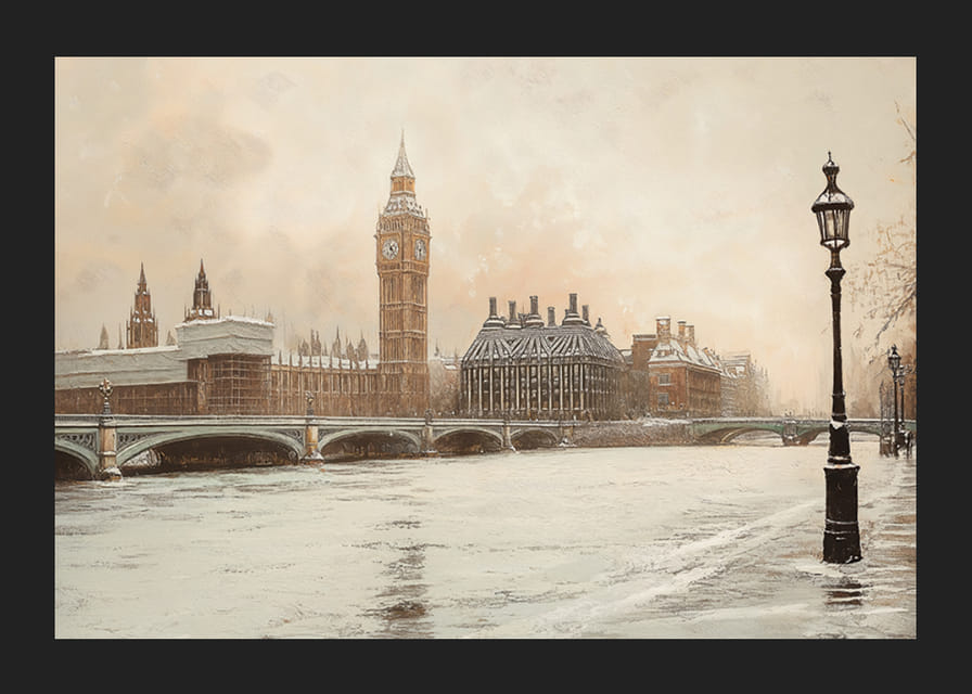 A poster depicting Big Ben and Westminster in a still winter landscape by the River Thames-12