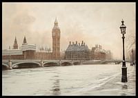Un afiș înfățișând Big Ben și Westminster într-un peisaj nemișcat de iarnă lângă râul Tamisa-2