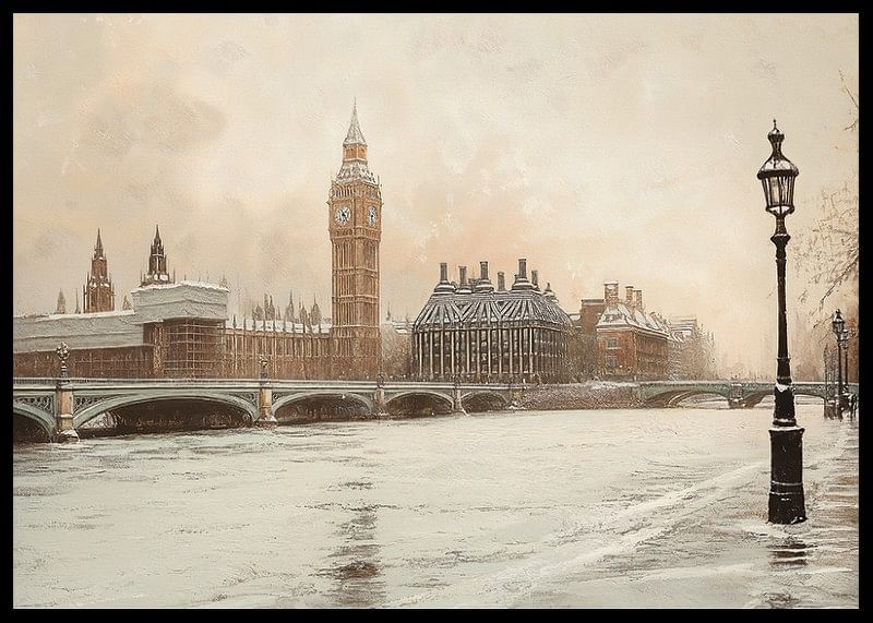 Un afiș înfățișând Big Ben și Westminster într-un peisaj nemișcat de iarnă lângă râul Tamisa-12