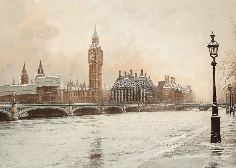 A poster depicting Big Ben and Westminster in a still winter landscape by the River Thames-12
