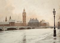 Un afiș înfățișând Big Ben și Westminster într-un peisaj nemișcat de iarnă lângă râul Tamisa-3