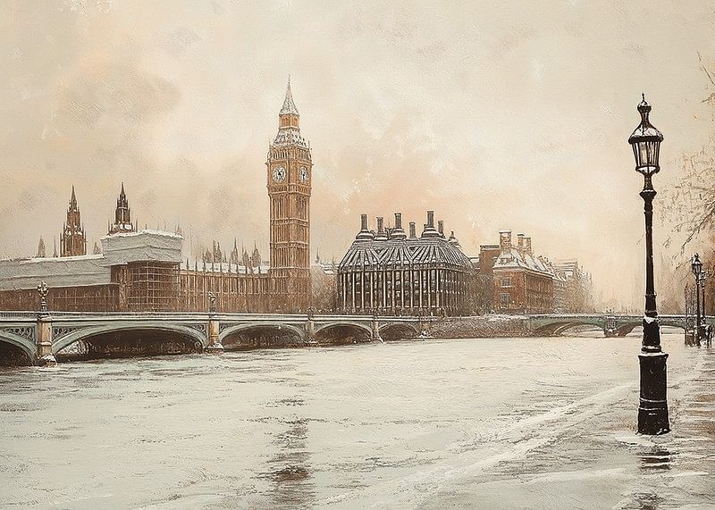Un afiș înfățișând Big Ben și Westminster într-un peisaj nemișcat de iarnă lângă râul Tamisa-12