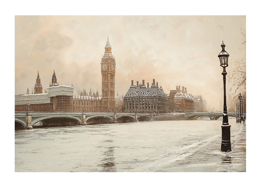 A poster depicting Big Ben and Westminster in a still winter landscape by the River Thames-12