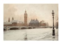 Un afiș înfățișând Big Ben și Westminster într-un peisaj nemișcat de iarnă lângă râul Tamisa-1