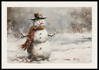 Un poster che mostra un giocoso pupazzo di neve in uno scintillante paesaggio invernale-2