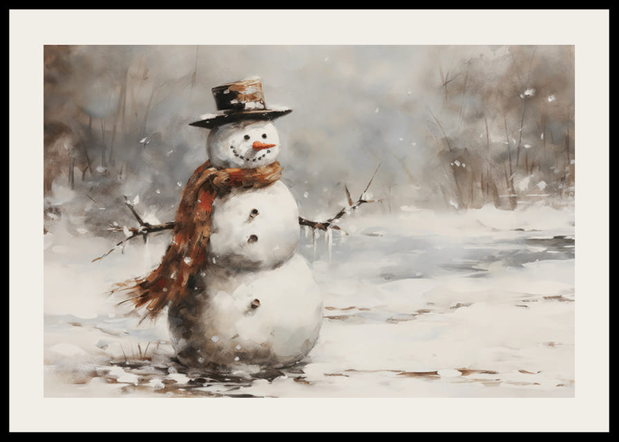 Un poster che mostra un giocoso pupazzo di neve in uno scintillante paesaggio invernale-12