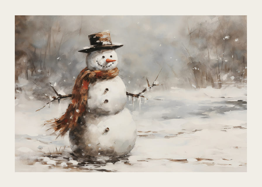 Un poster che mostra un giocoso pupazzo di neve in uno scintillante paesaggio invernale-12