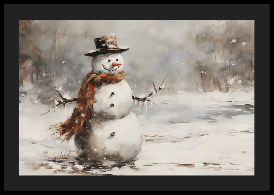 Un poster che mostra un giocoso pupazzo di neve in uno scintillante paesaggio invernale-12