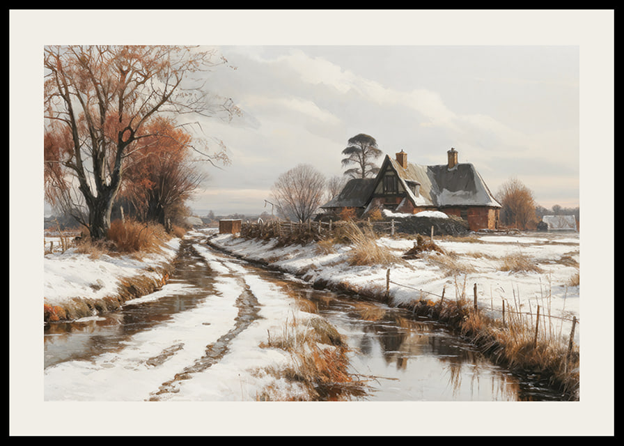 A poster depicting a farmhouse and a winding winter road in a snow-covered landscape-12