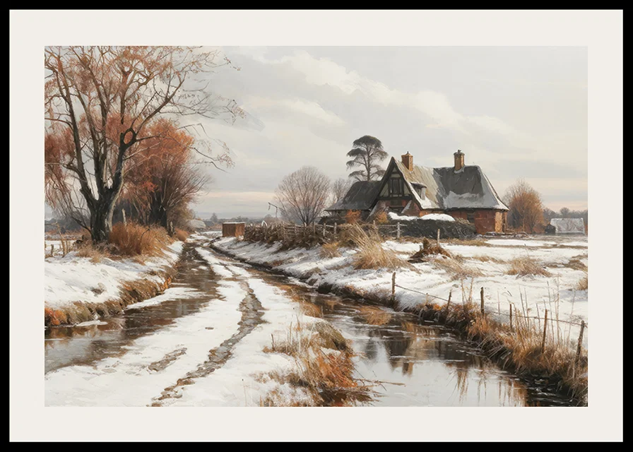 A poster depicting a farmhouse and a winding winter road in a snow-covered landscape-12