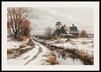 En plakat som viser et våningshus og en svingete vintervei i et snødekt landskap-2