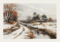 A poster depicting a farmhouse and a winding winter road in a snow-covered landscape-3