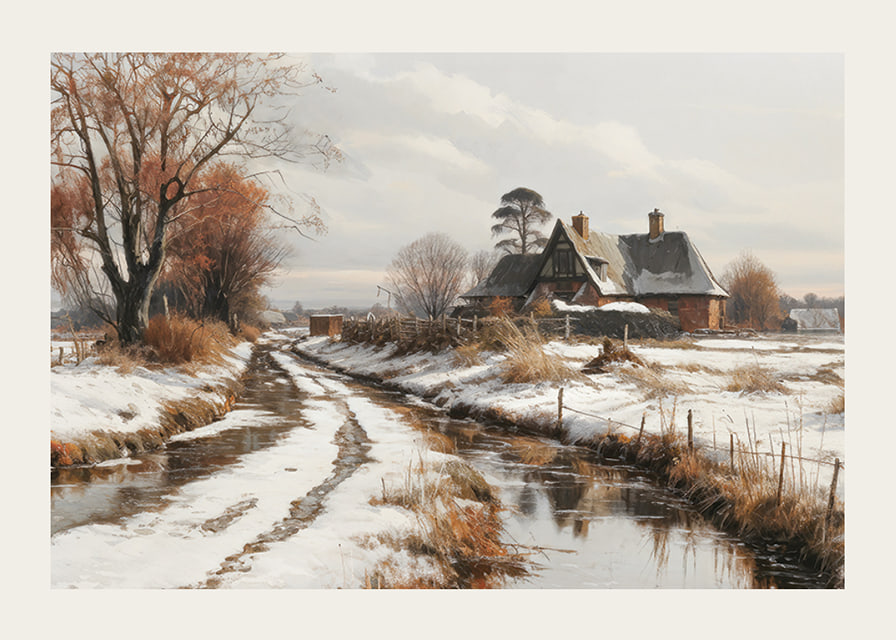 A poster depicting a farmhouse and a winding winter road in a snow-covered landscape-12