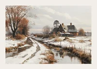 A poster depicting a farmhouse and a winding winter road in a snow-covered landscape-3