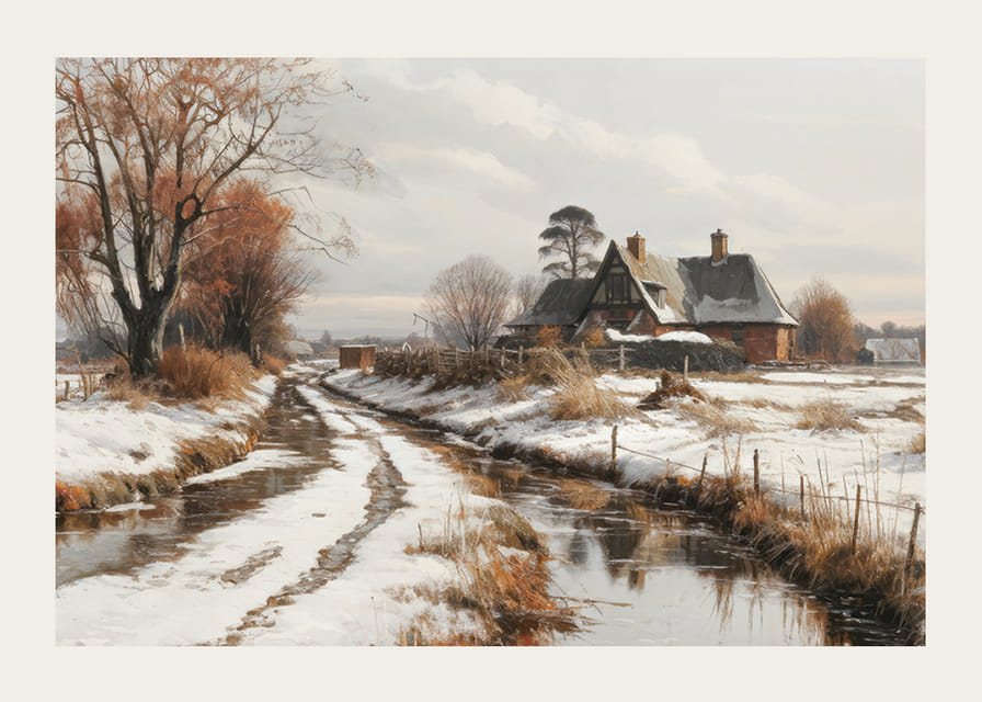 En plakat som viser et våningshus og en svingete vintervei i et snødekt landskap-12