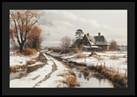 A poster depicting a farmhouse and a winding winter road in a snow-covered landscape-4