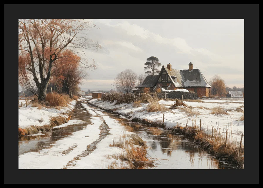 A poster depicting a farmhouse and a winding winter road in a snow-covered landscape-12