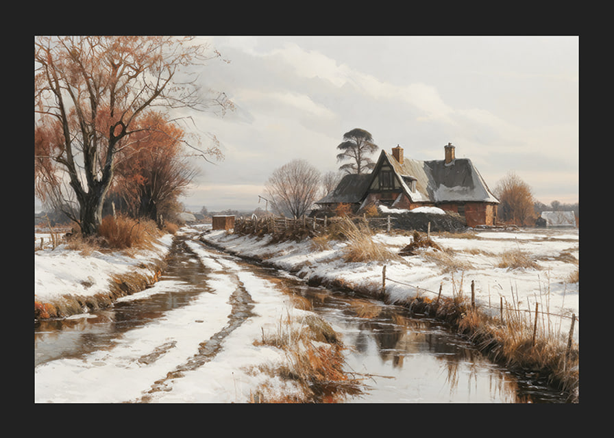 A poster depicting a farmhouse and a winding winter road in a snow-covered landscape-12