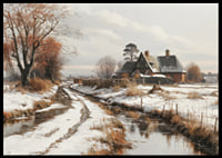 A poster depicting a farmhouse and a winding winter road in a snow-covered landscape-6