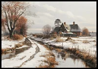 A poster depicting a farmhouse and a winding winter road in a snow-covered landscape-6