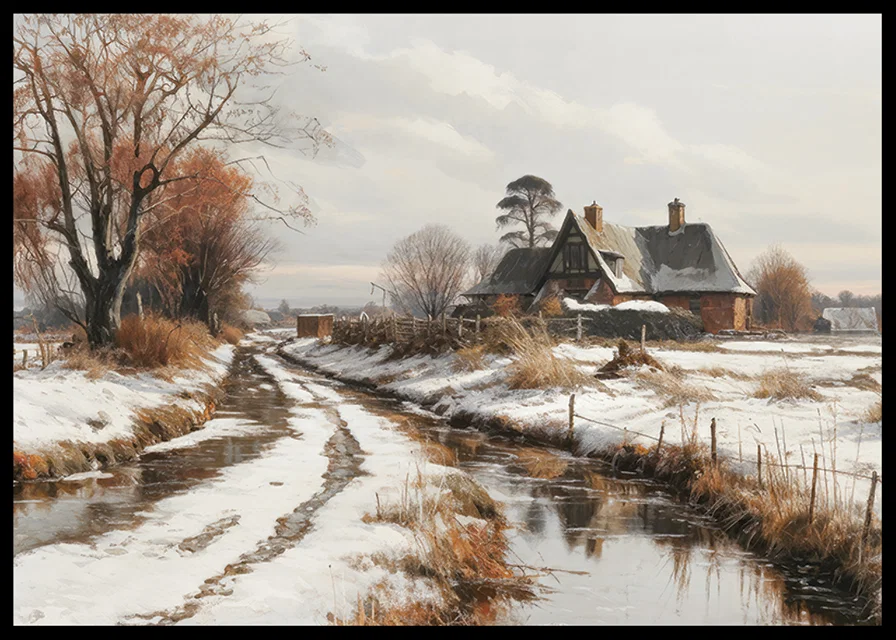 A poster depicting a farmhouse and a winding winter road in a snow-covered landscape-12