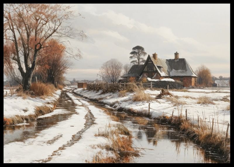 Een poster met een boerderij en een kronkelige winterweg in een besneeuwd landschap-12