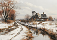 A poster depicting a farmhouse and a winding winter road in a snow-covered landscape-7