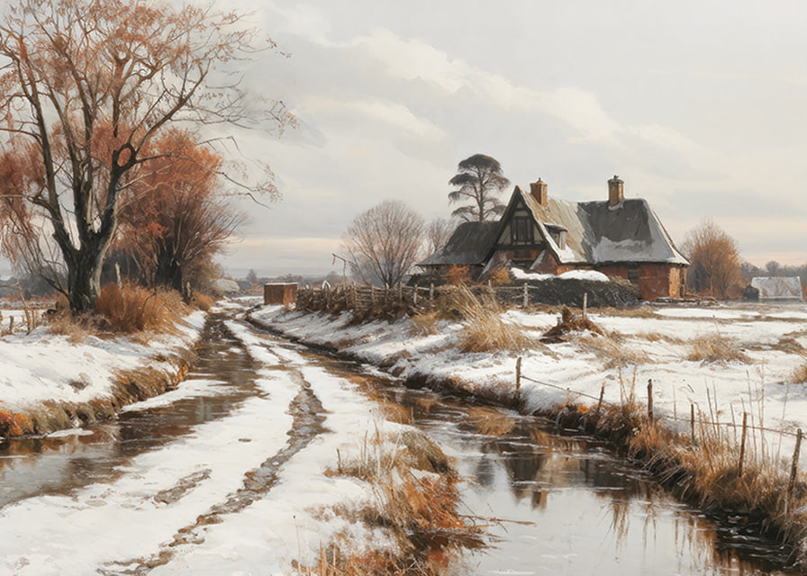 A poster depicting a farmhouse and a winding winter road in a snow-covered landscape-12