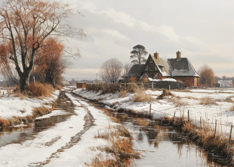Een poster met een boerderij en een kronkelige winterweg in een besneeuwd landschap-12