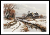 A poster depicting a farmhouse and a winding winter road in a snow-covered landscape-0
