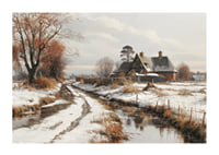 A poster depicting a farmhouse and a winding winter road in a snow-covered landscape-1