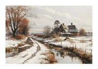 A poster depicting a farmhouse and a winding winter road in a snow-covered landscape-1