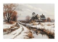 Een poster met een boerderij en een kronkelige winterweg in een besneeuwd landschap-1
