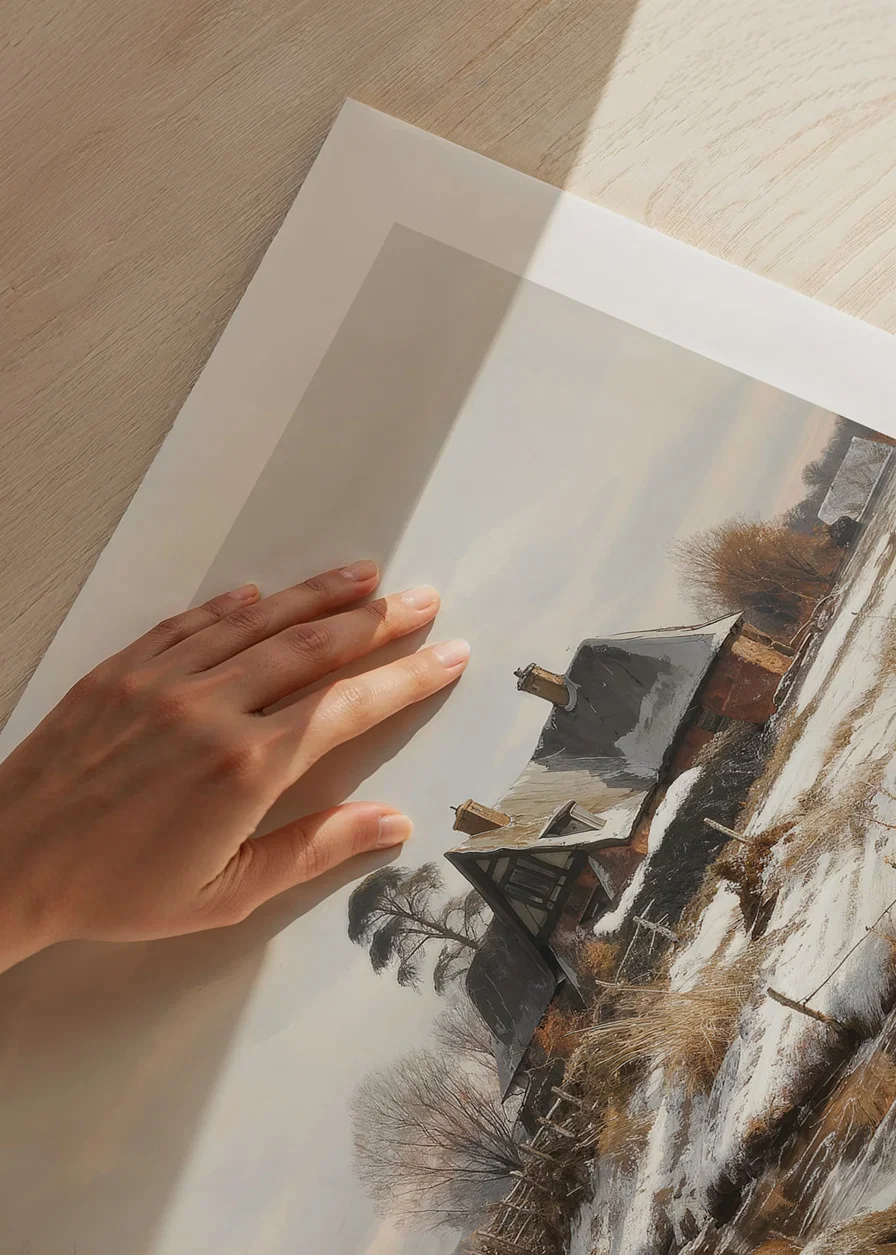 A poster depicting a farmhouse and a winding winter road in a snow-covered landscape-12
