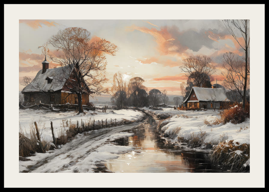 Un cartel que representa un pueblo invernal bajo la cálida luz del atardecer con un arroyo tranquilo-12