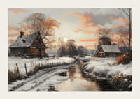 Un cartel que representa un pueblo invernal bajo la cálida luz del atardecer con un arroyo tranquilo-3