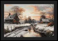 Un cartel que representa un pueblo invernal bajo la cálida luz del atardecer con un arroyo tranquilo-4